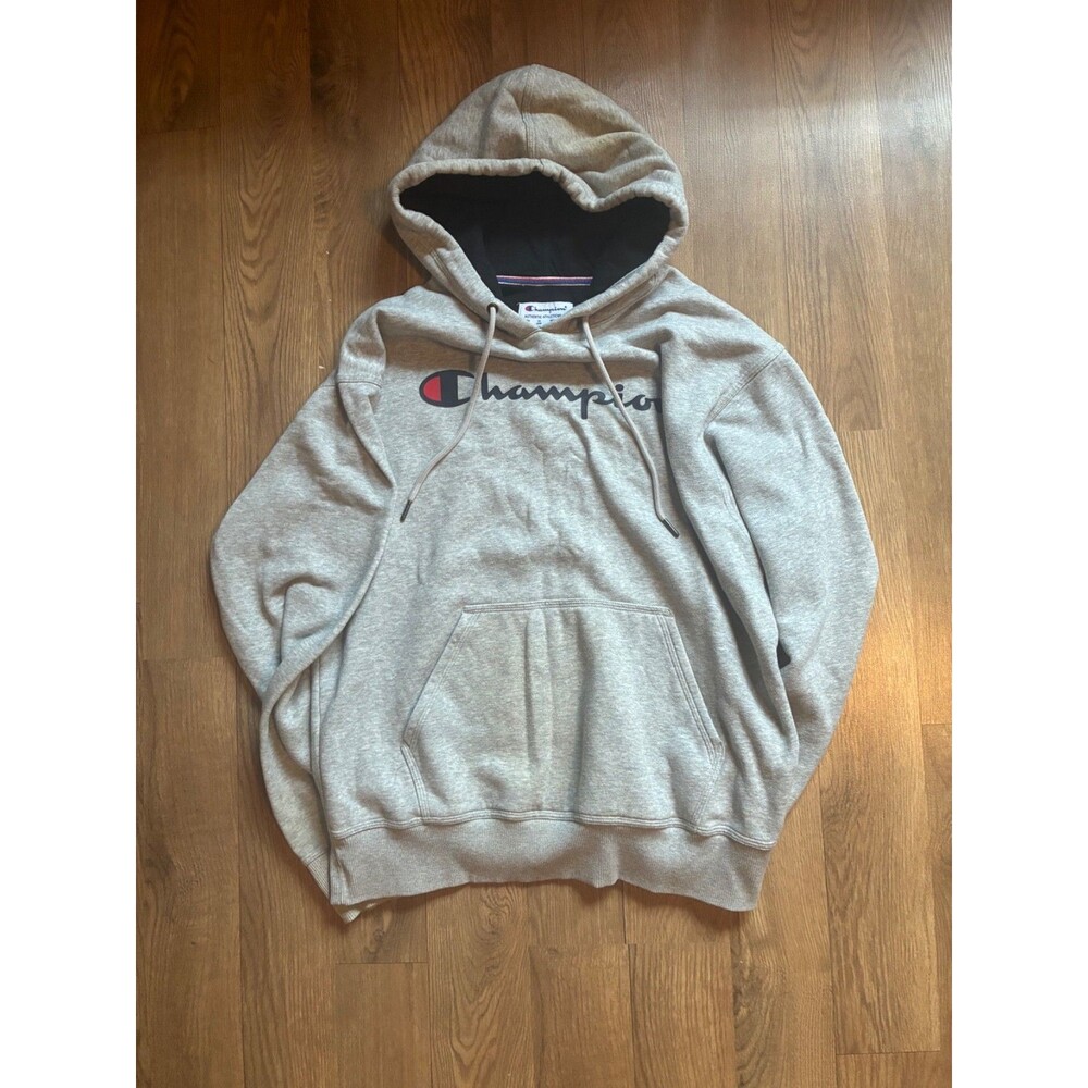 Champion Mens Medium Gray Script Logo Hoodie Sweatshirt Two Tone Hood Athletic